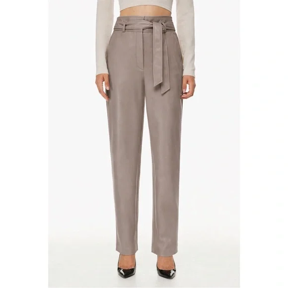 Babaton Aritzia Vegan Leather Belted Pants Taupe High Rise Size 0 - Picture 8 of 13